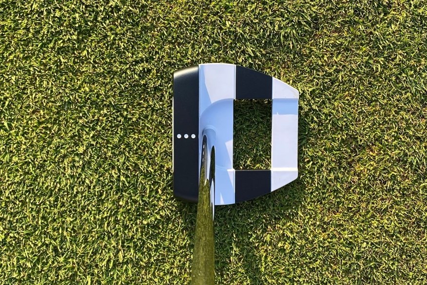 The Odyssey Ai-One Square 2 Square Jailbird putter shaft enters at the centre of the putter head